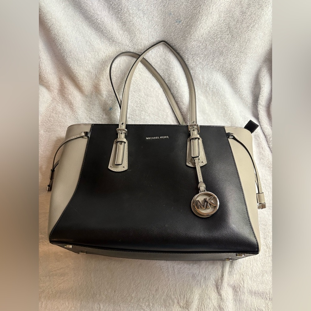 Michael Kors Women Large Tote Bag Color Block Black Gray Zip Multiple Pockets